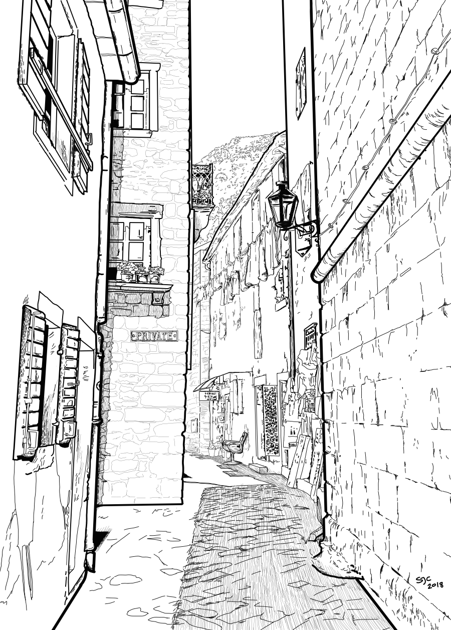 Wandering in Kotor, Montenegro - Black and white digital drawing